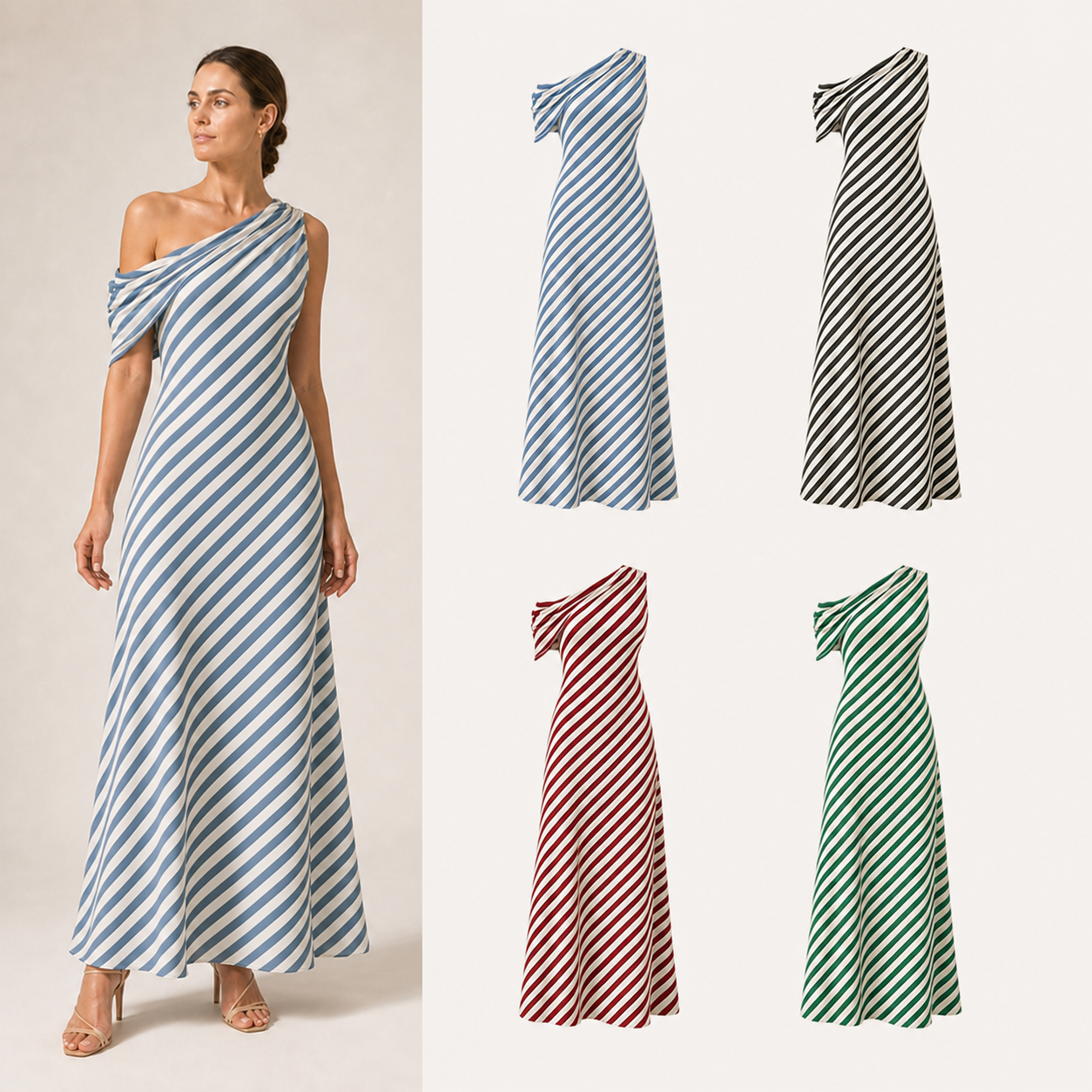 Women's diagonal stripe one-shoulder maxi dress mixed four pack A