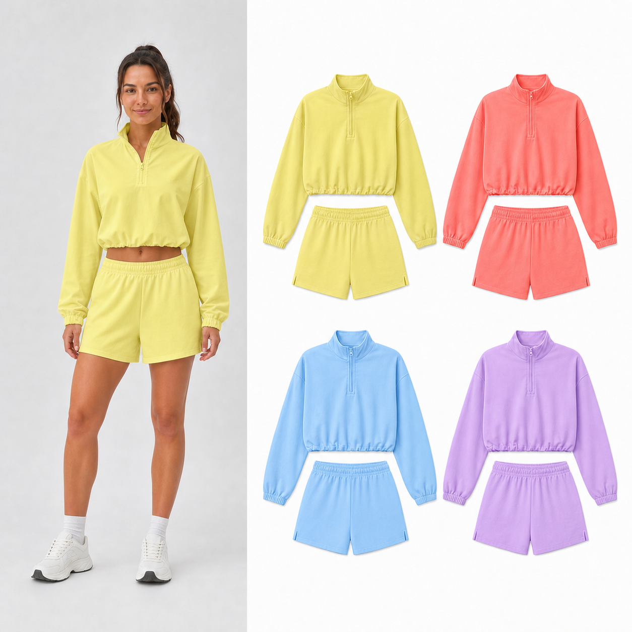 Women's half-zip two-piece shorts set mixed four pack A