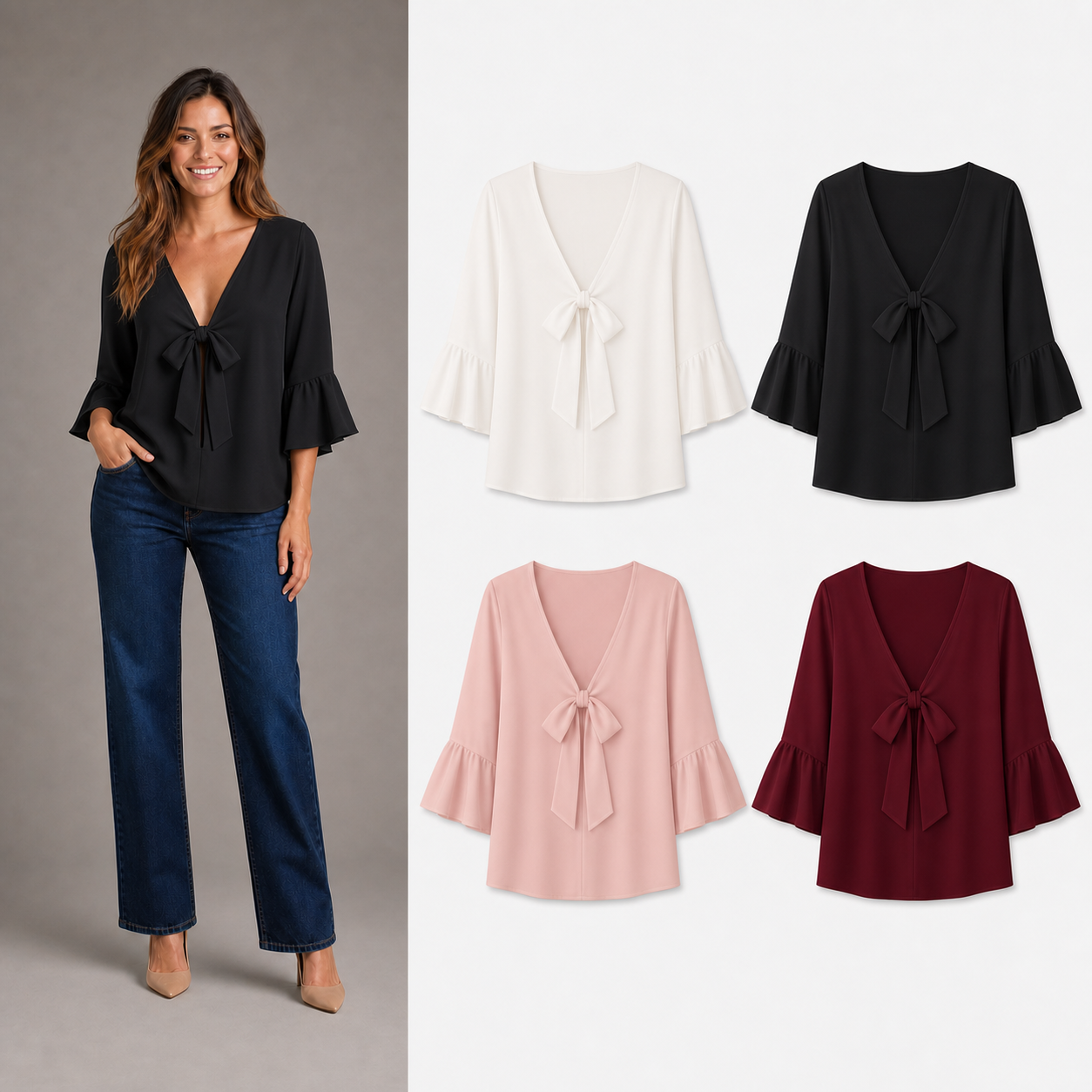 Women's tie-front blouse mixed four-pack A