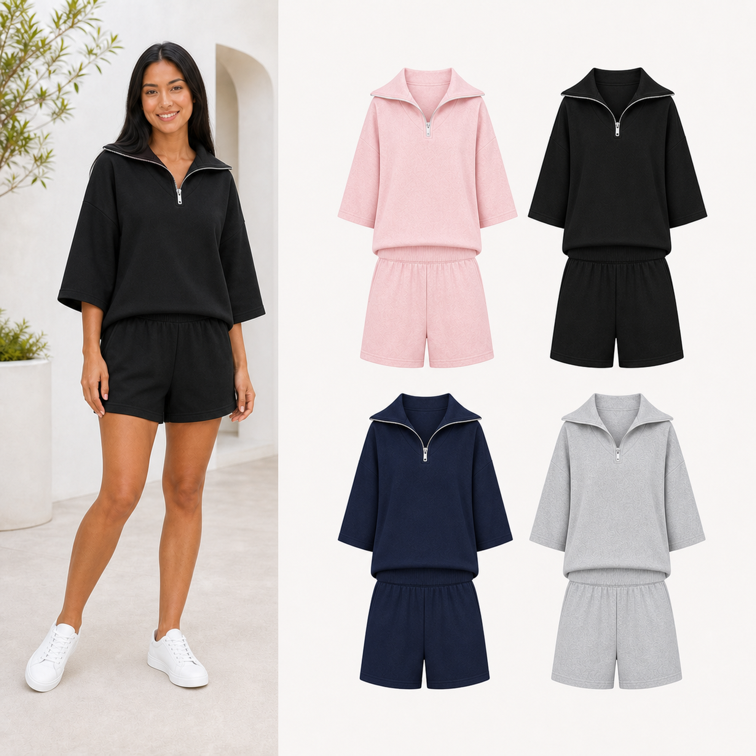 Women's half-zip wide-sleeve shorts set mixed four pack A
