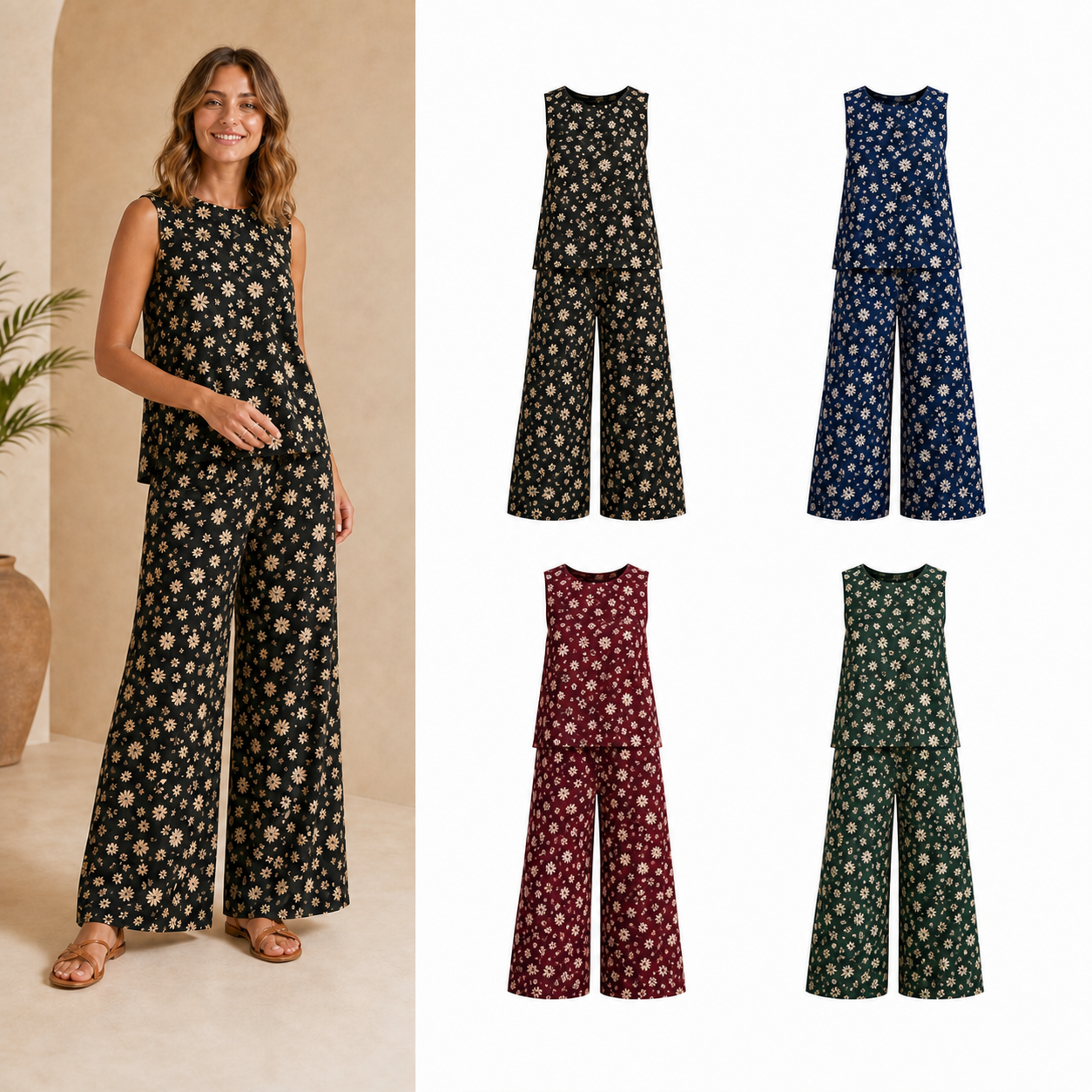 Women's daisy print wide-leg set four-pack A