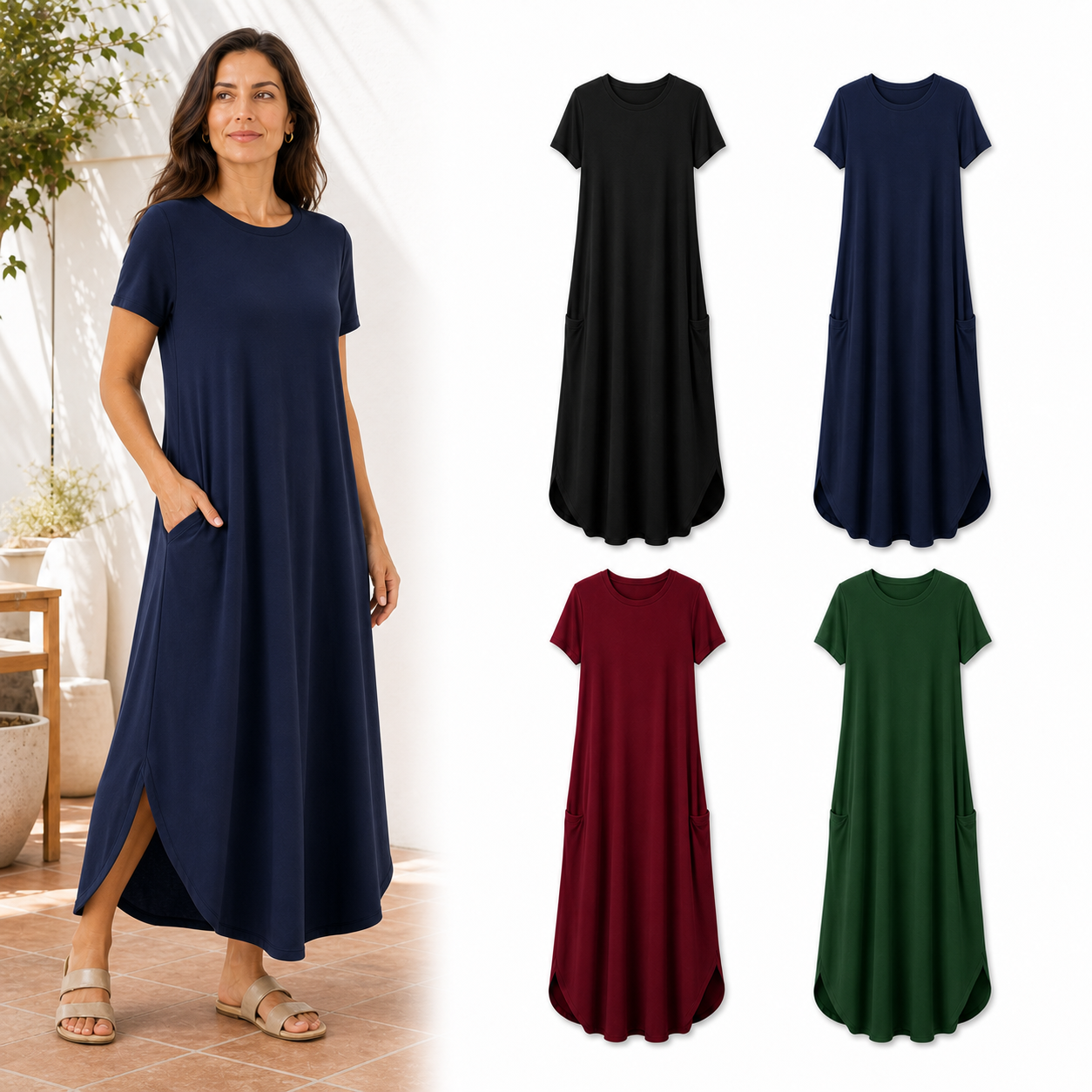 Four-color women's relaxed pocket maxi dress set A
