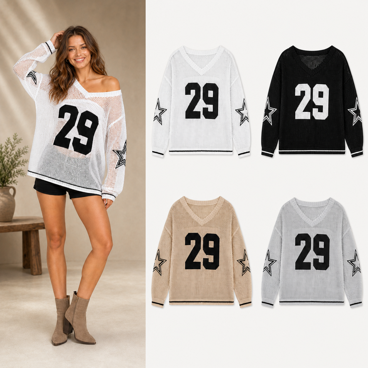 Women's open knit number 29 star sweater mixed four pack A