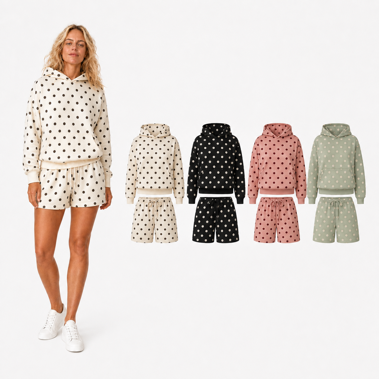 Women's polka dot hoodie shorts set mixed four pack A