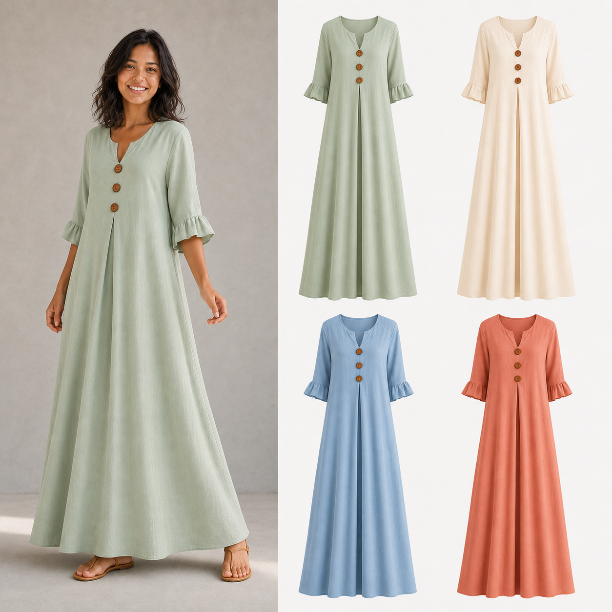 Women's wood-button maxi dress mixed four pack A