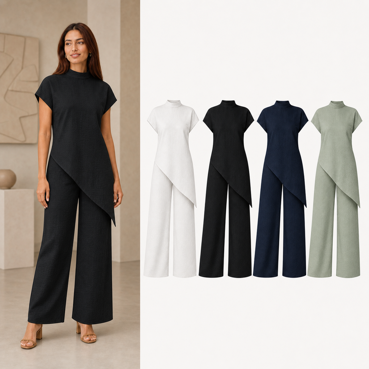 Women's mock-neck asymmetric wide-leg pants set mixed four pack A