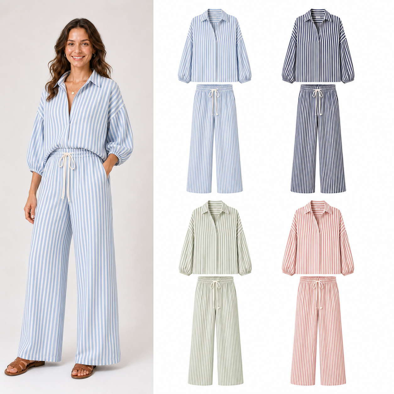 Women's striped shirt and wide leg pants mixed four pack A