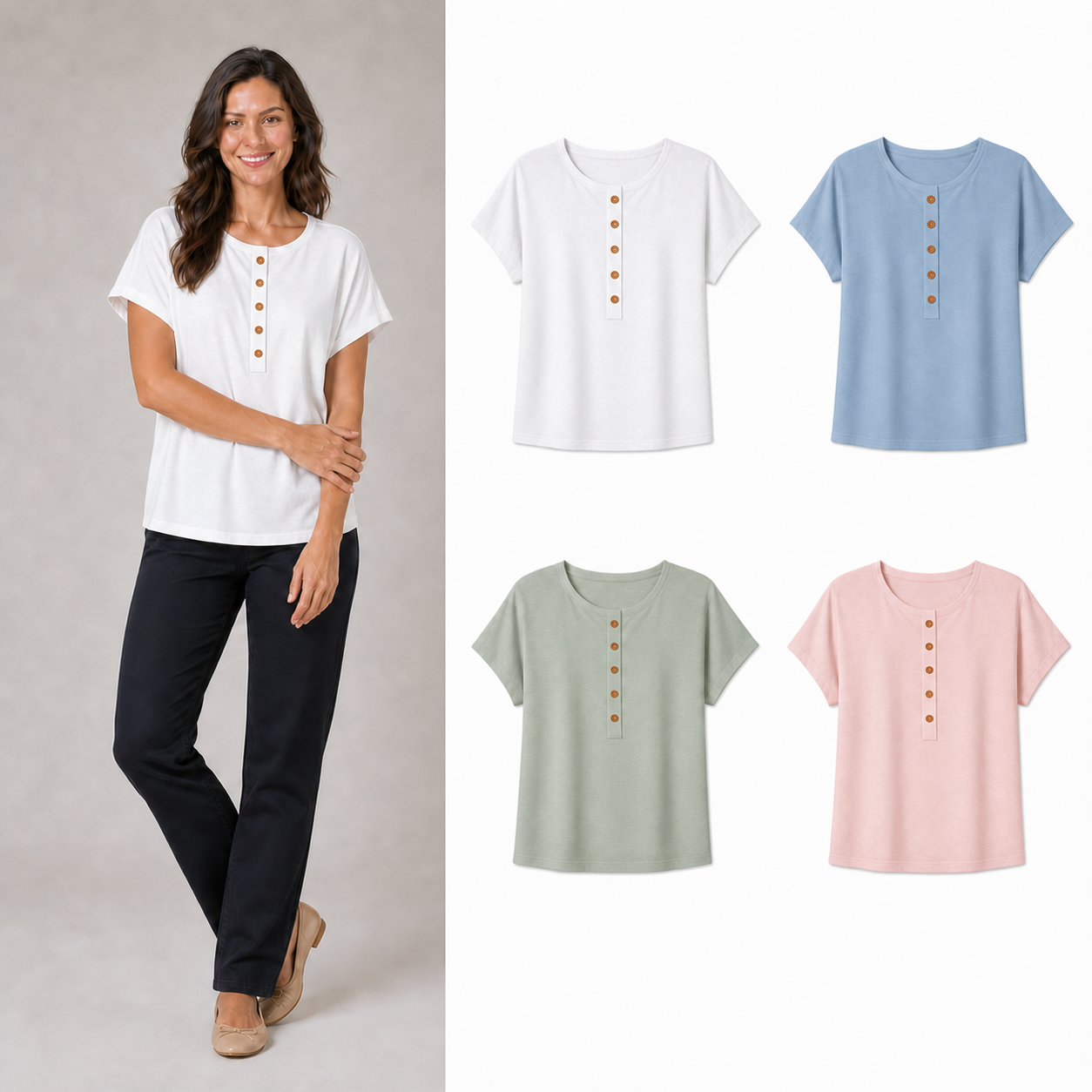 Women's button Henley dolman top mixed four pack A