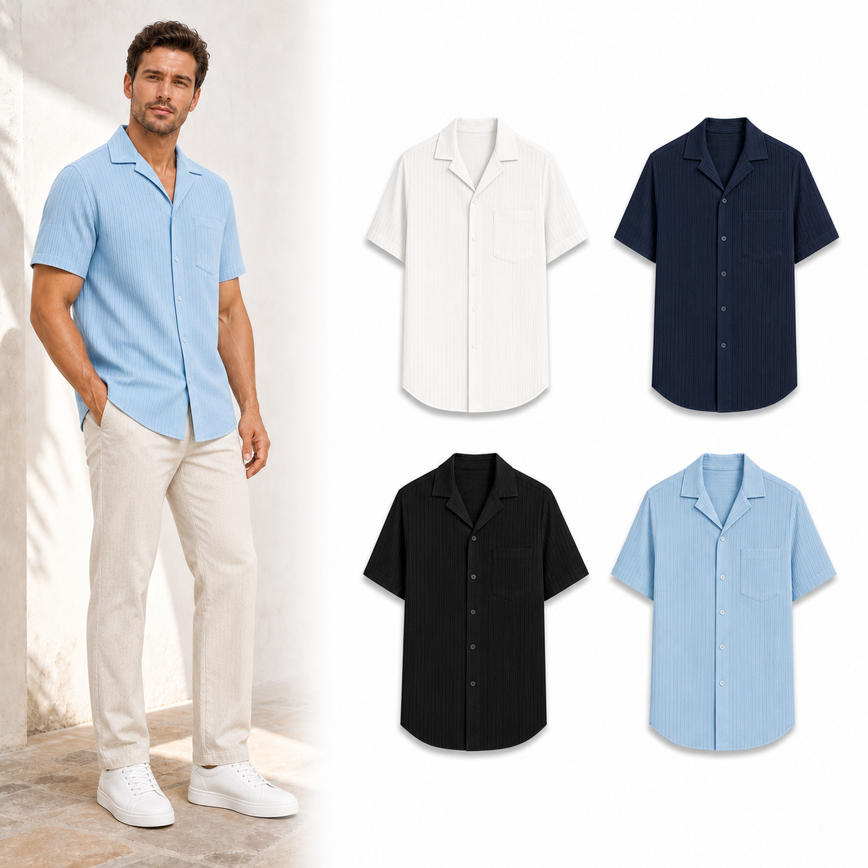 Four color men's pleated texture shirt set A