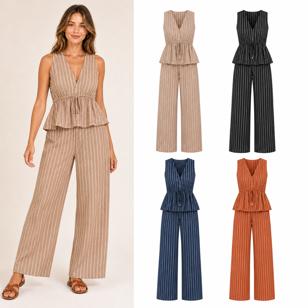 Women's pinstripe peplum wide leg pants set mixed four pack A