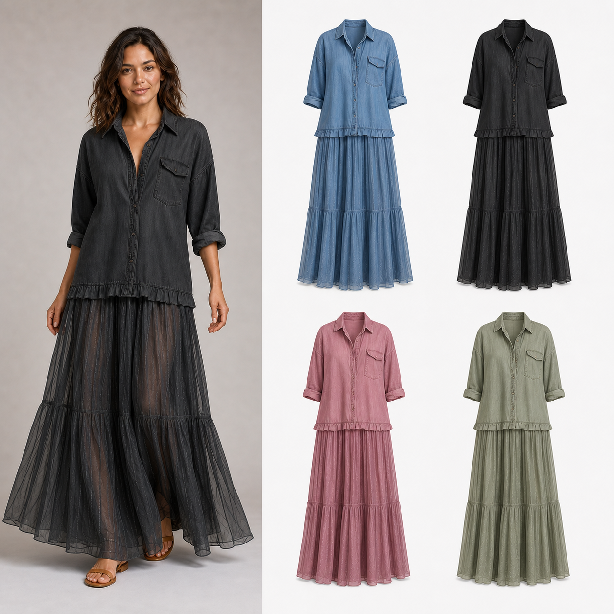 Women's ruffle shirt and tiered maxi skirt set mixed four pack A