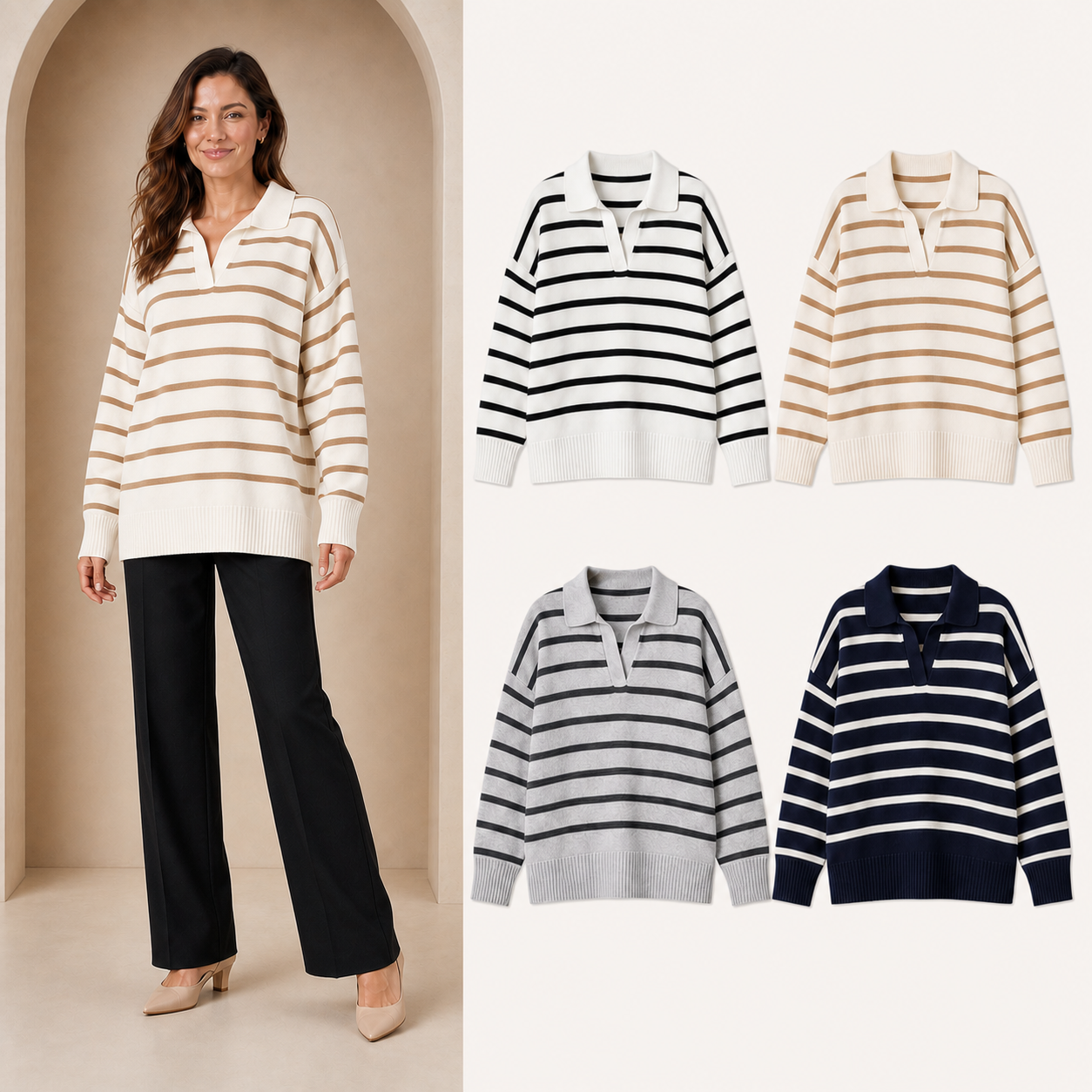 Women's striped collared knit top four-pack A