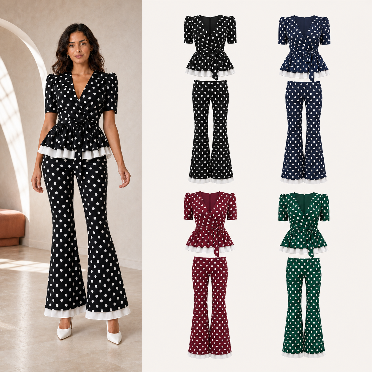 Women's polka dot peplum and flare pants mixed four pack A