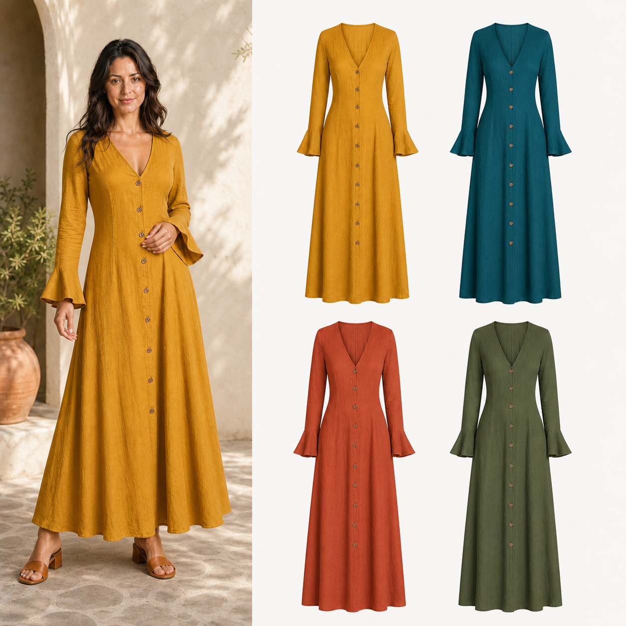 Women's V-neck bell-sleeve maxi dress mixed four pack A