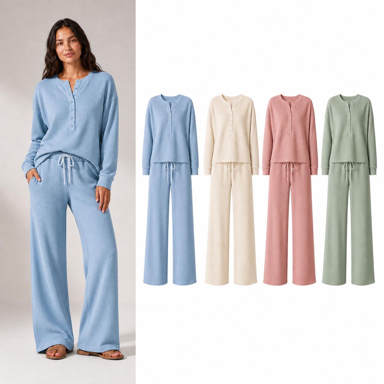 Women's waffle Henley wide-leg lounge set mixed four pack A