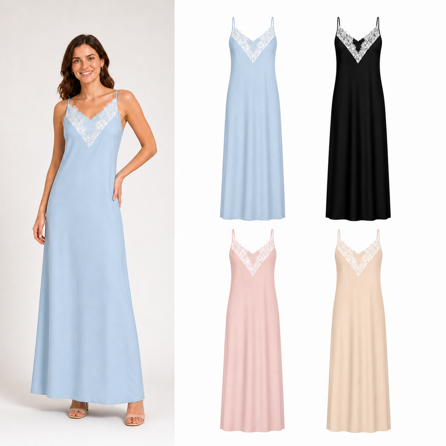 Women's lace trim slip maxi dress mixed four pack A