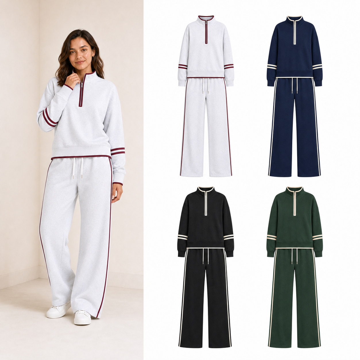 Women's contrast half-zip wide-leg set mixed four pack A