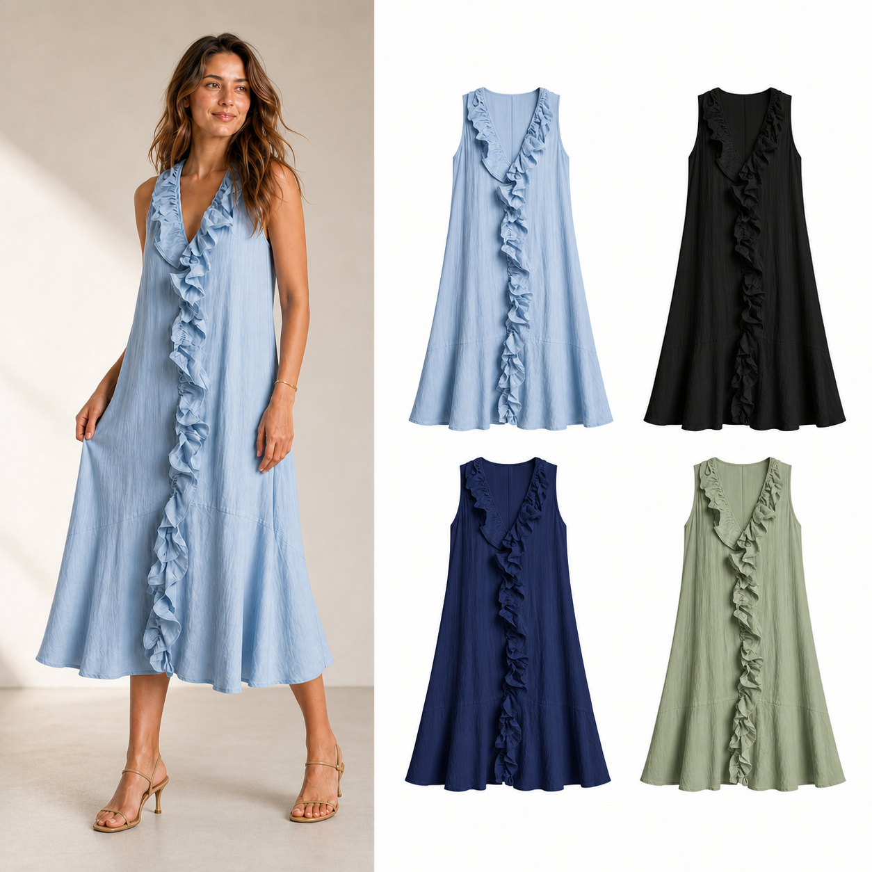 Women's cascading ruffle midi dress mixed four pack A