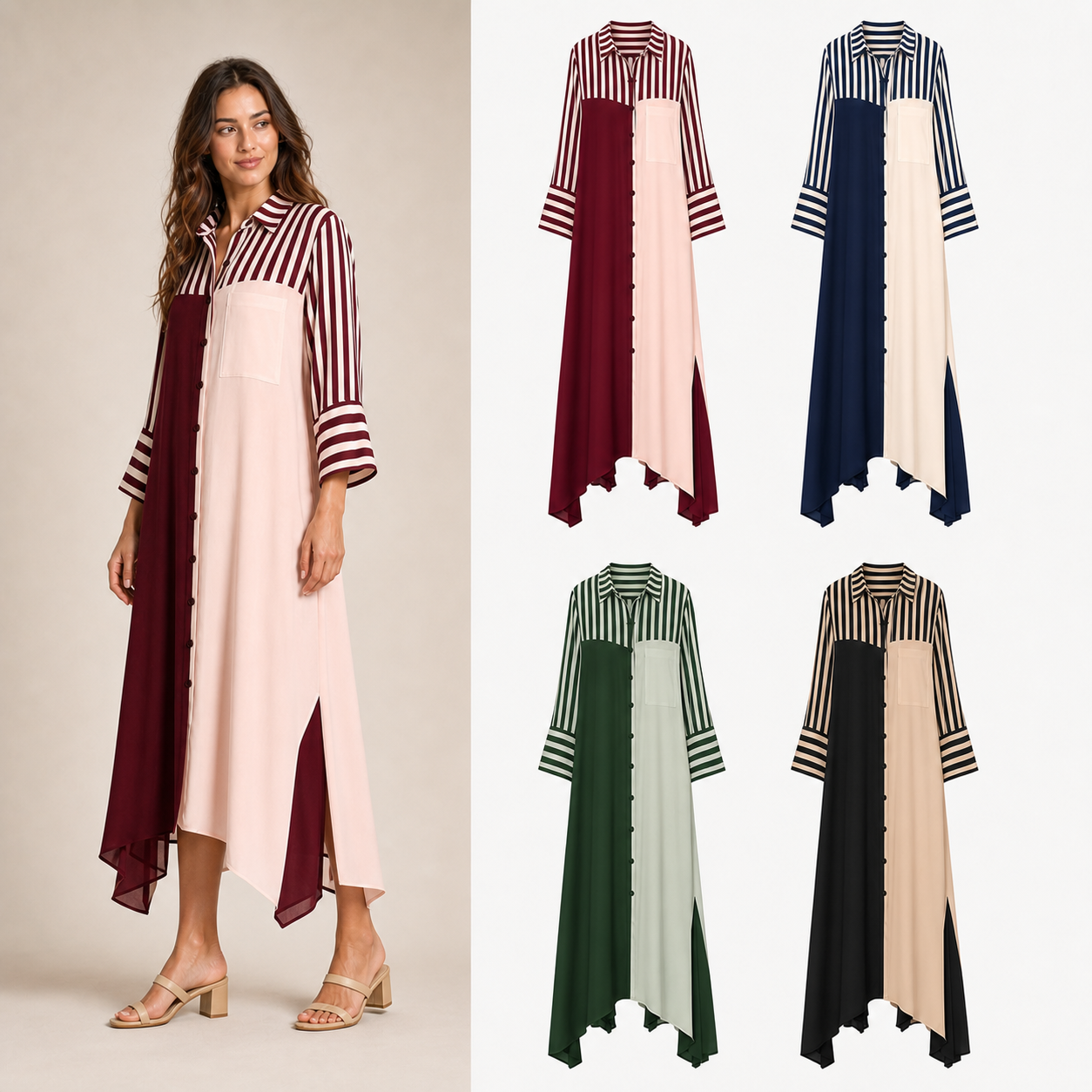 Women's colorblock striped shirt dress mixed four pack A