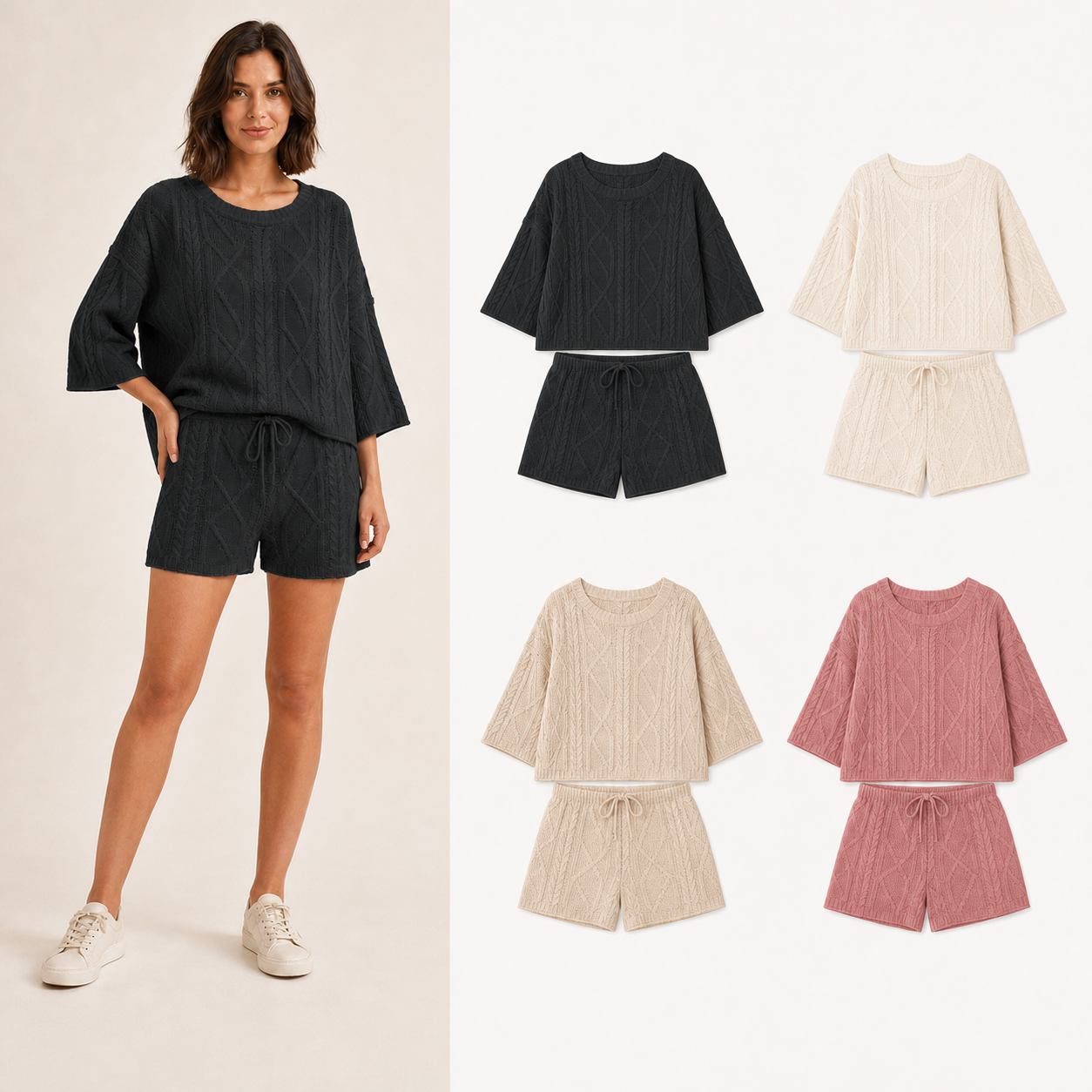 Women's openwork cable-knit top and shorts mixed four pack A