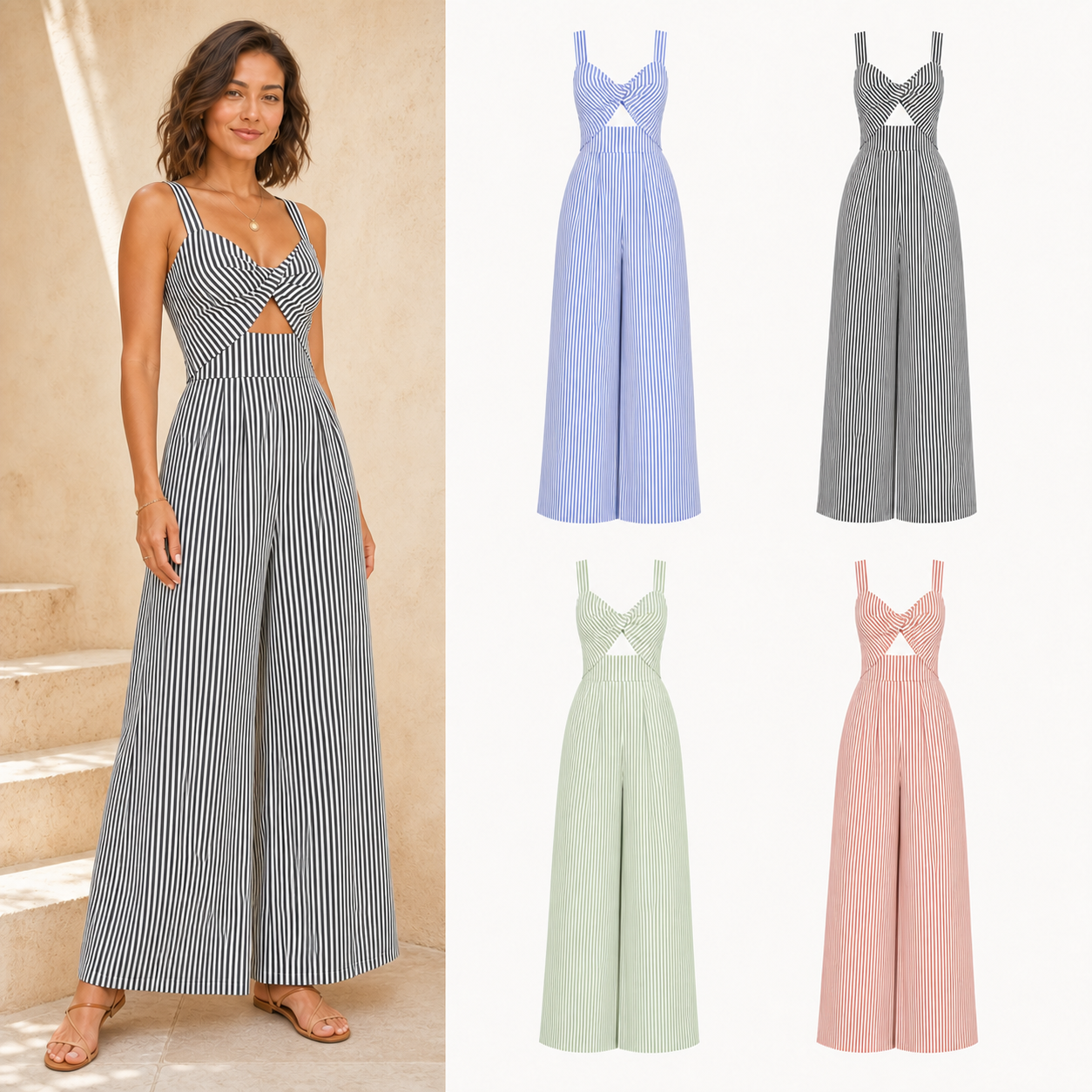 Women's striped twist-front jumpsuit four-pack A
