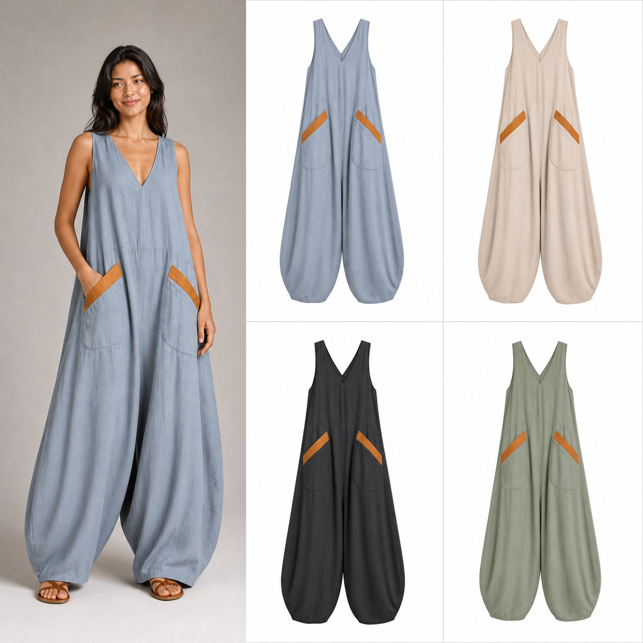 Women's contrast-pocket wide-leg jumpsuit mixed four pack A