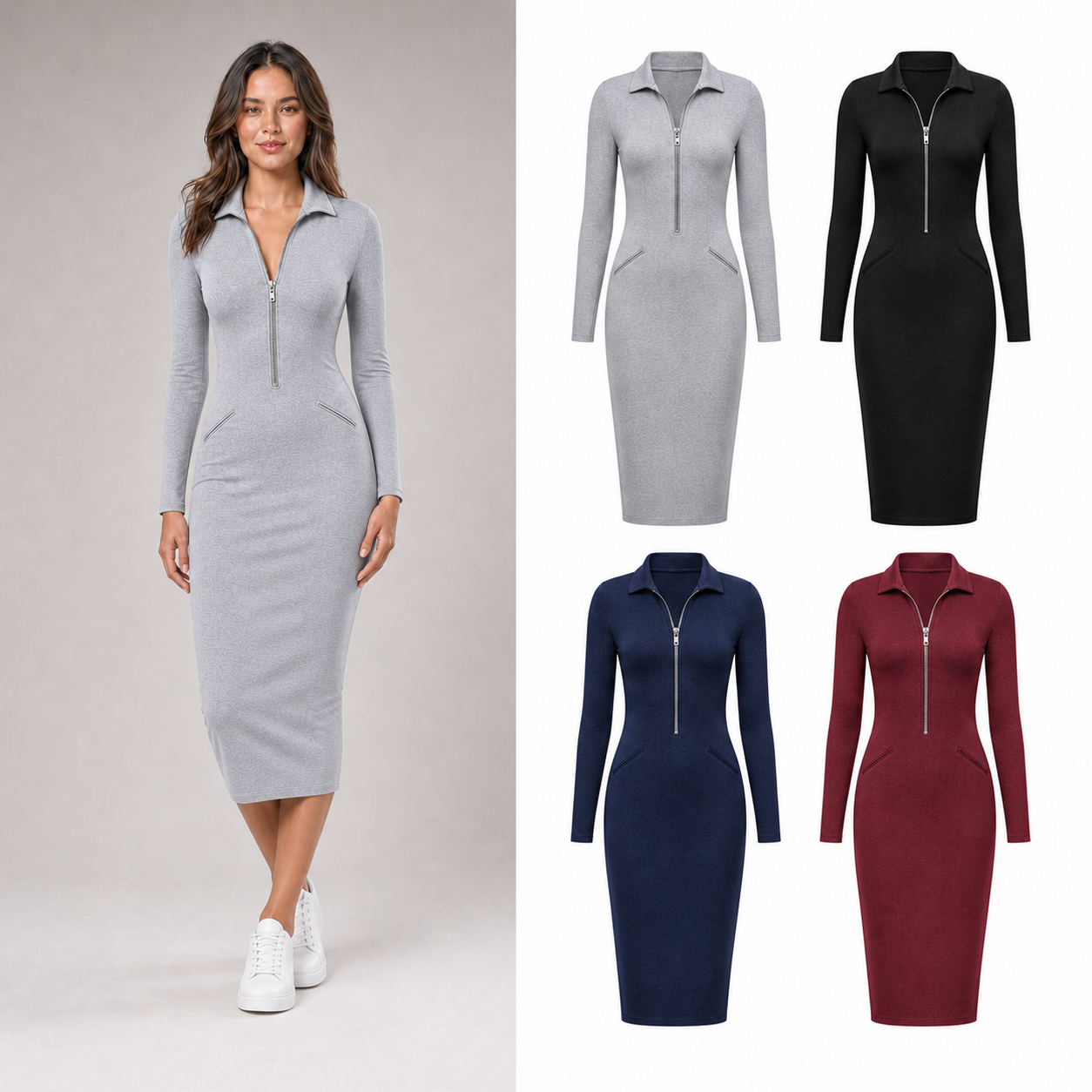 Women's half-zip collared bodycon midi dress mixed four pack A