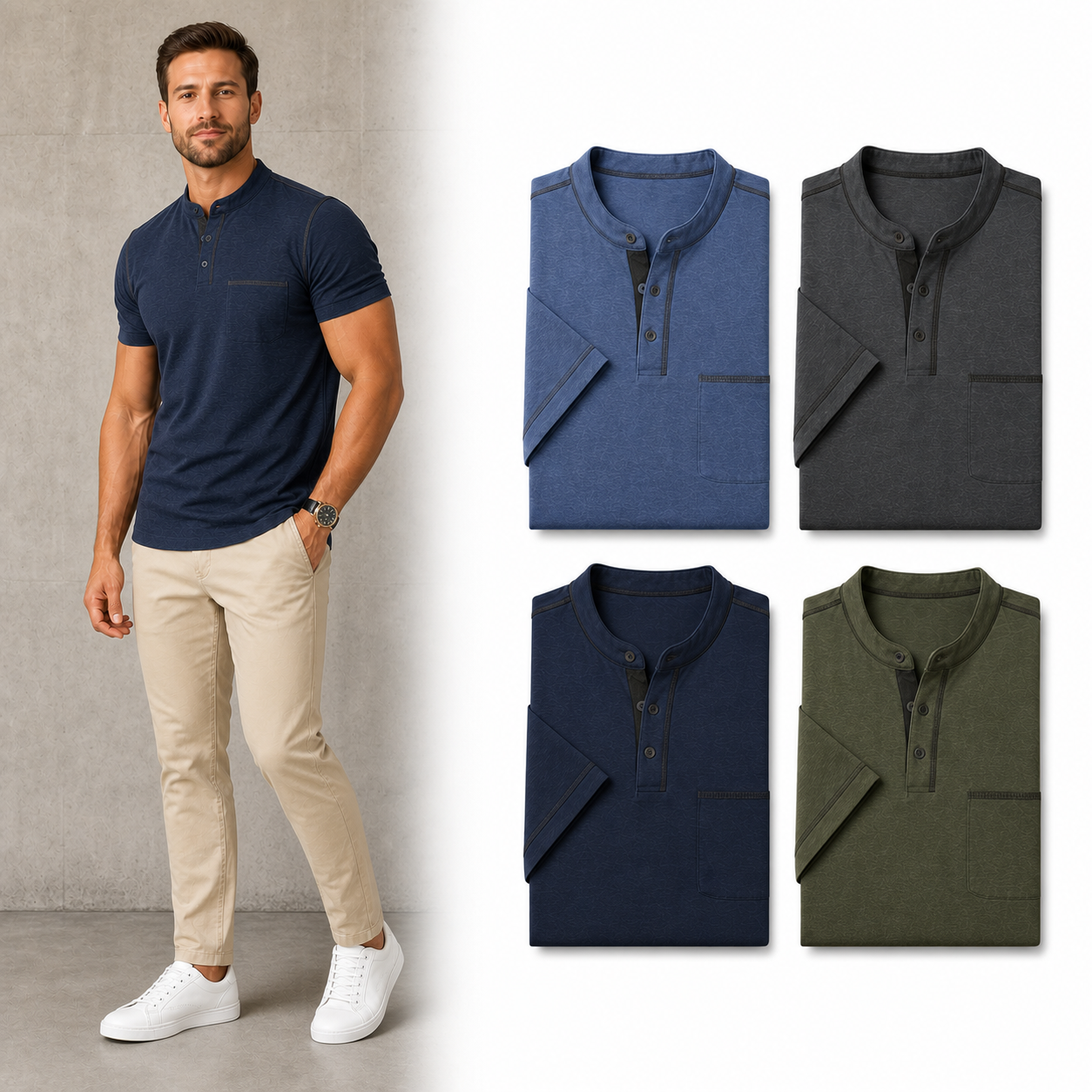Four color men's short sleeve Henley shirt set A