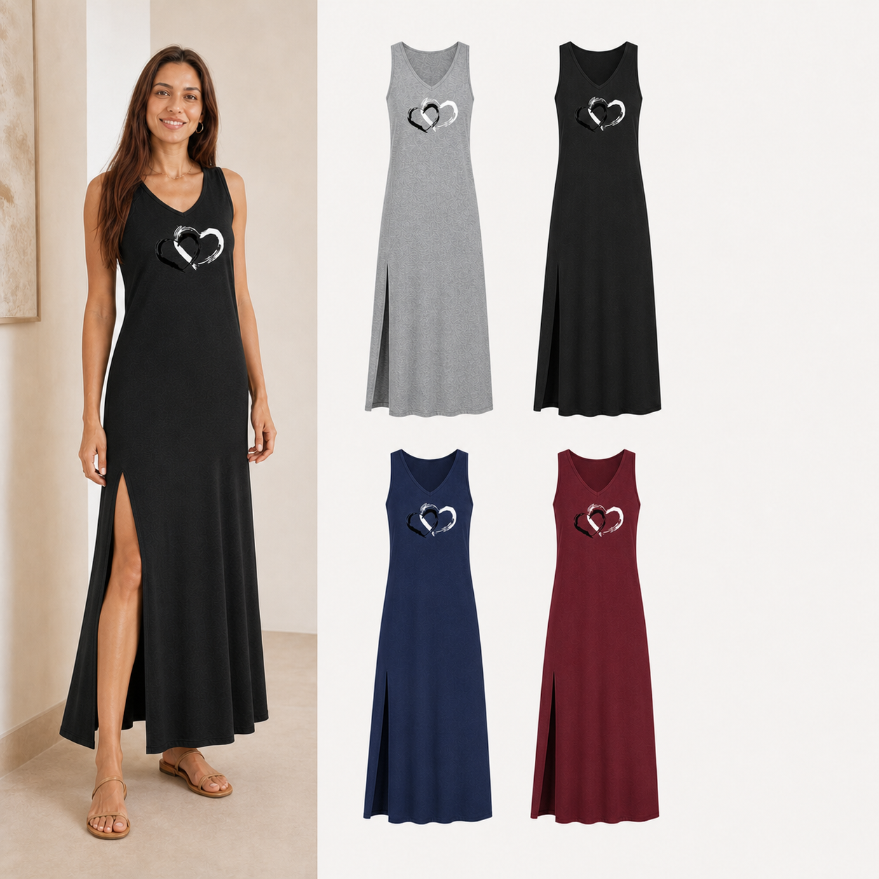 Women's double-heart sleeveless maxi dress mixed four pack A