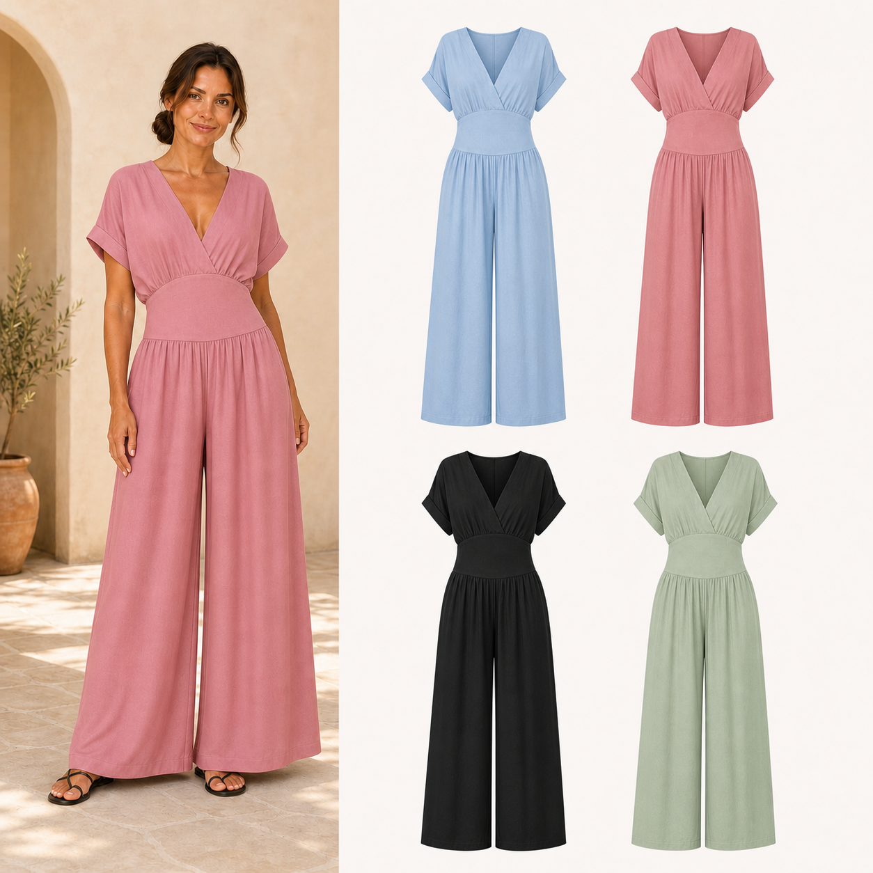Women's surplice wide-leg jumpsuit mixed four pack A