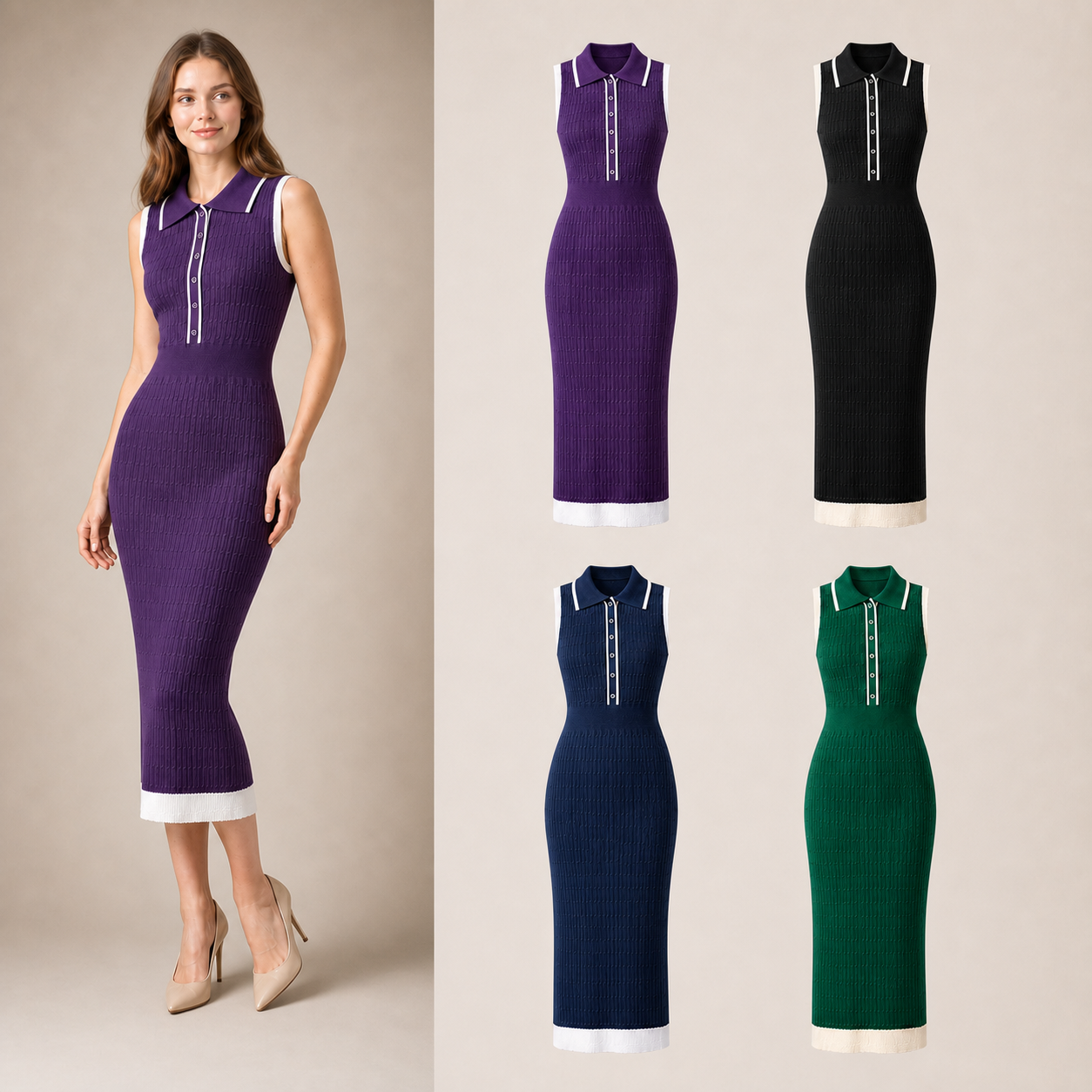 Women's contrast-trim knit polo midi dress mixed four pack A