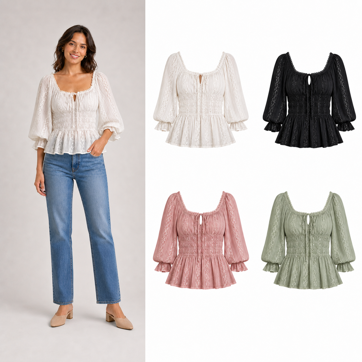 Women's square-neck smocked-waist lace blouse mixed four pack A