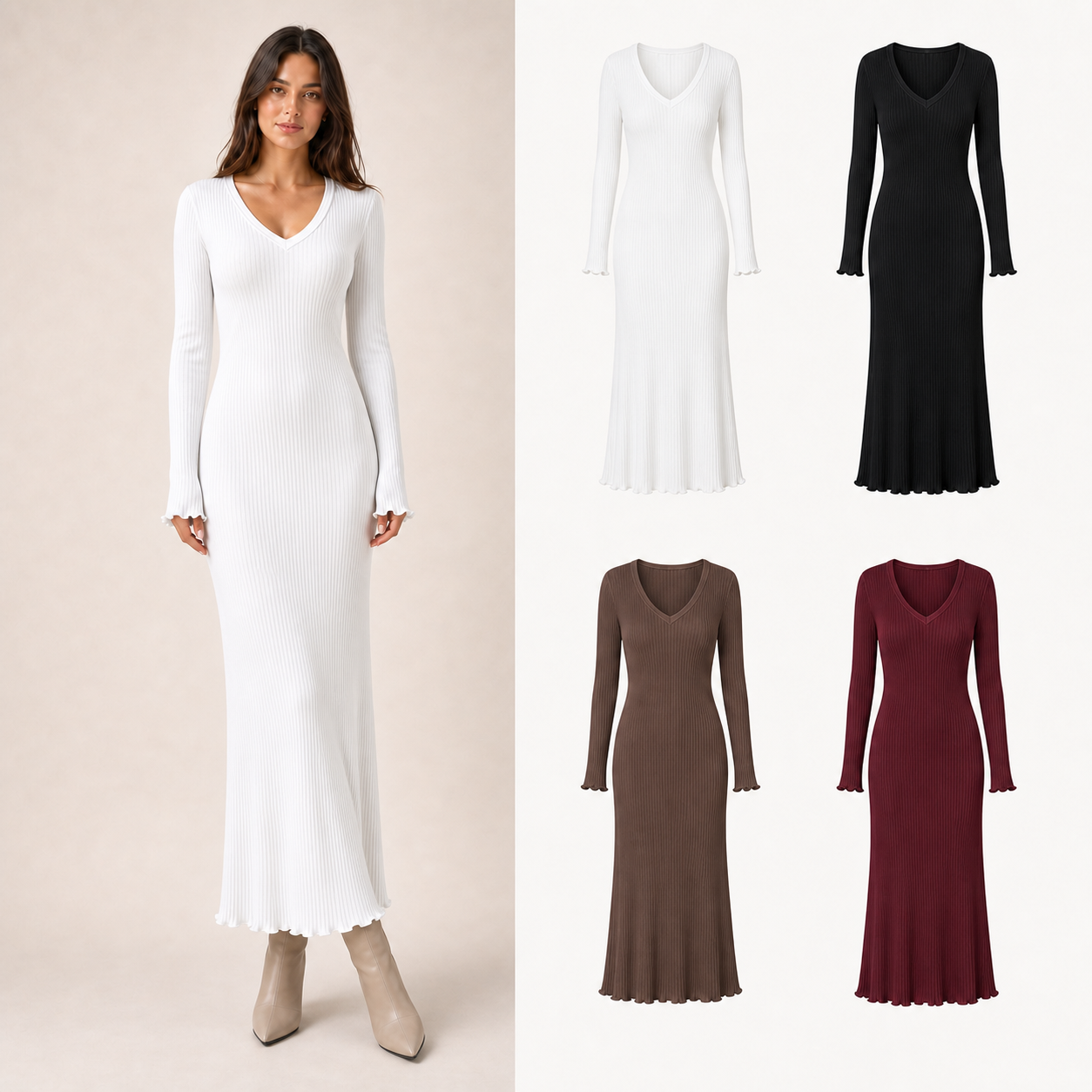 Women's ribbed V-neck fitted maxi dress mixed four pack A