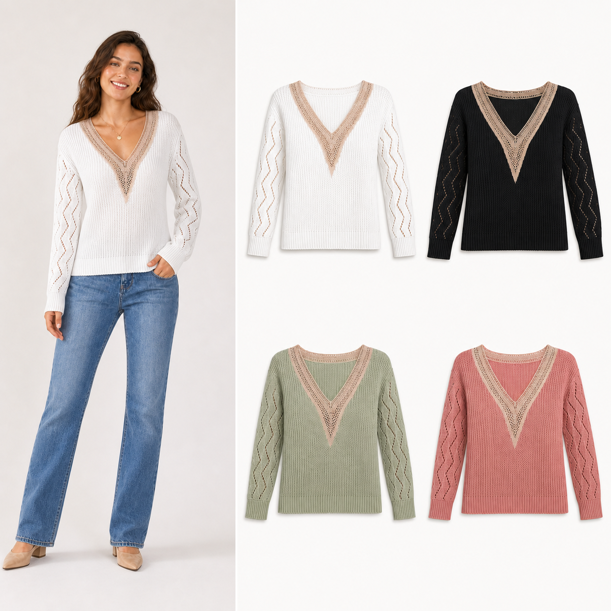 Women's crochet V-neck openwork knit top mixed four pack A
