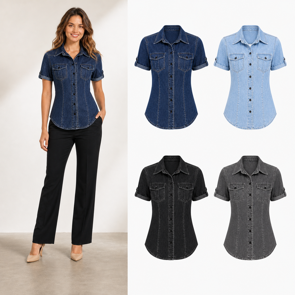 Women's washed denim fitted short-sleeve shirt mixed four pack A