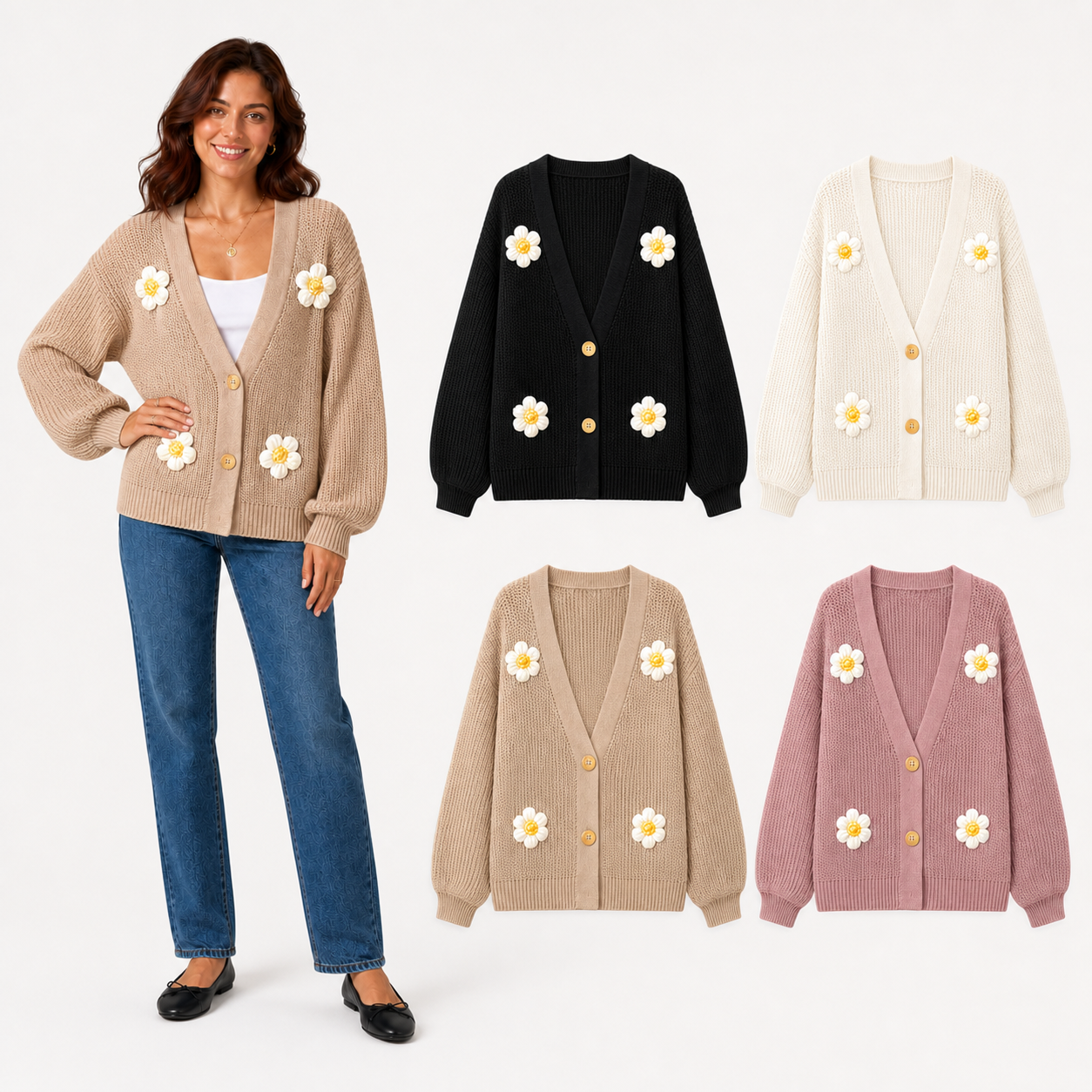 Women's 3D daisy cardigan mixed four pack A
