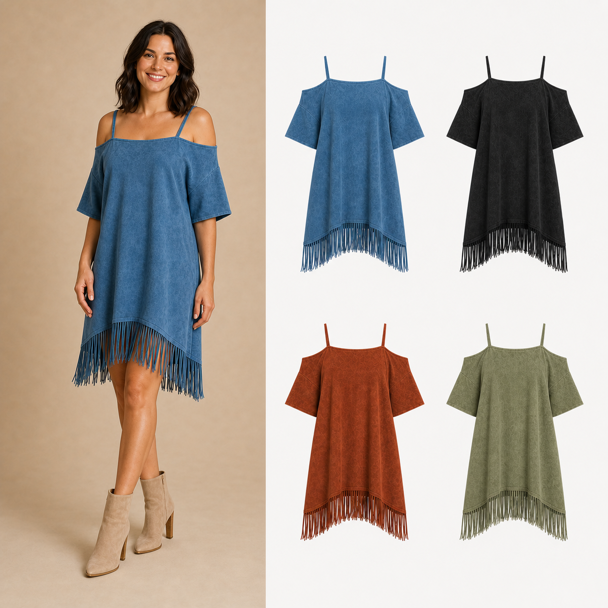 Women's washed cold shoulder fringe shift mini dress mixed four pack A
