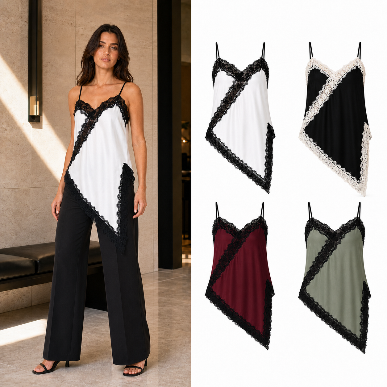 Women's contrast lace asymmetric camisole mixed four pack A