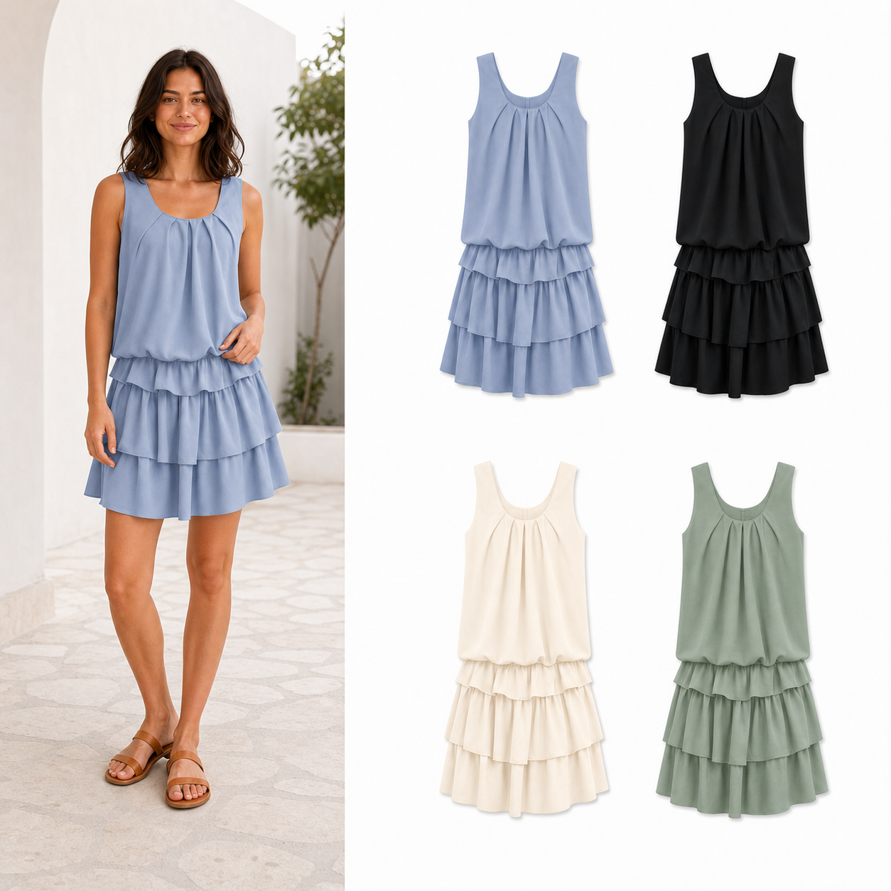 Women's pleated blouson tiered flounce mini dress mixed four pack A