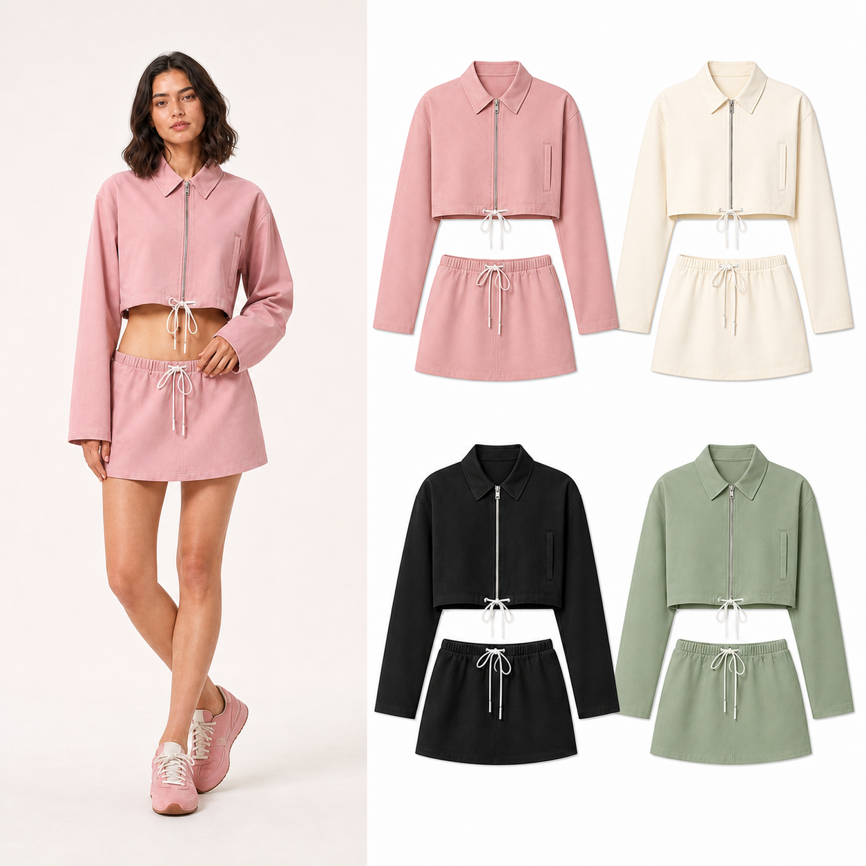 Women's cropped zip jacket and mini skirt set mixed four pack A