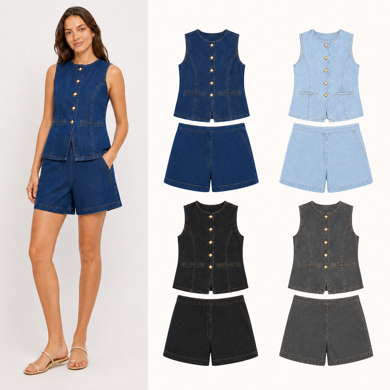 Women's denim vest and shorts coordinated set mixed four pack A