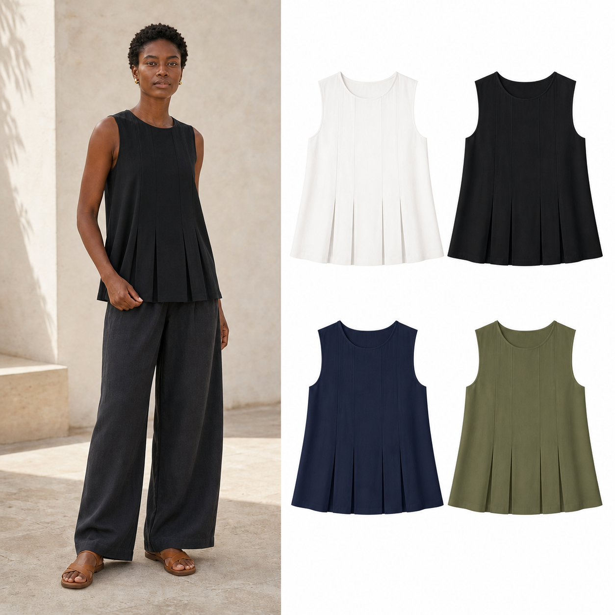 Women's pleated sleeveless A-line top mixed four pack A