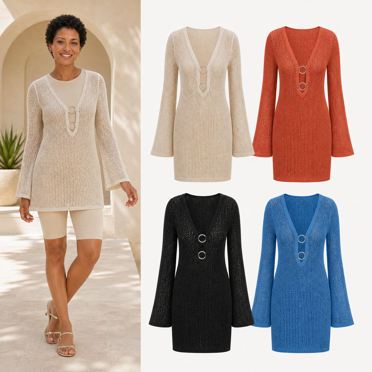Women's double-ring open-knit cover-up mixed four pack A