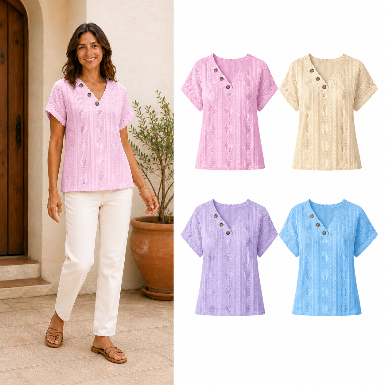 Four-color pack A of women's openwork three-button tops