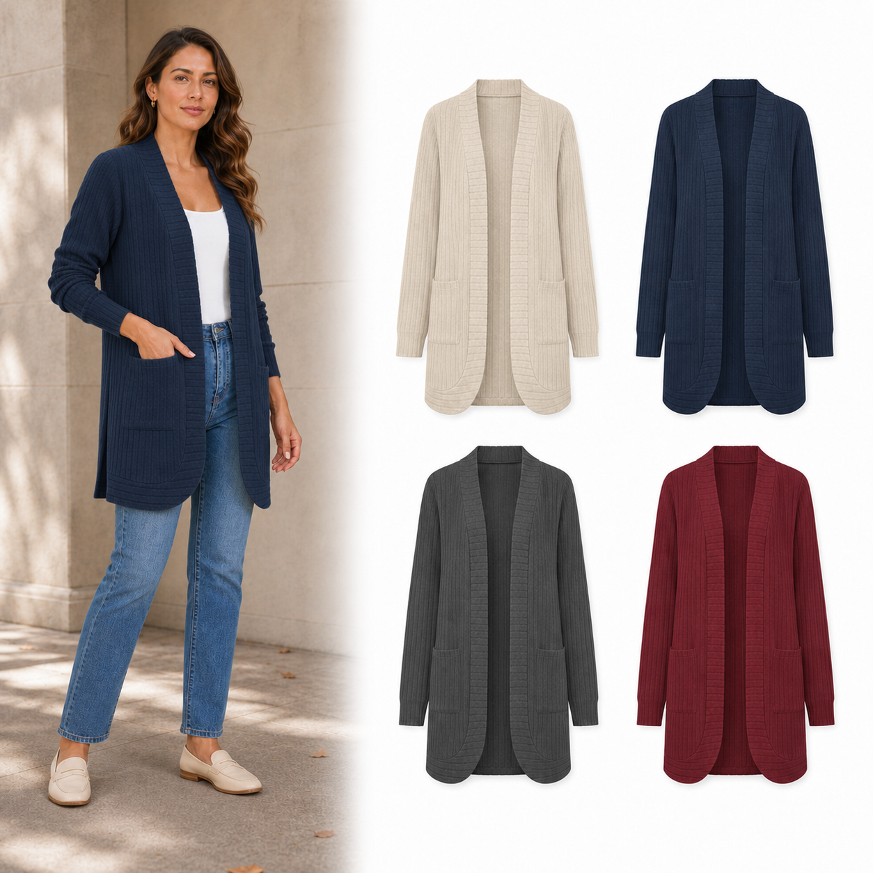 Four-color women's ribbed open-front long cardigan set A