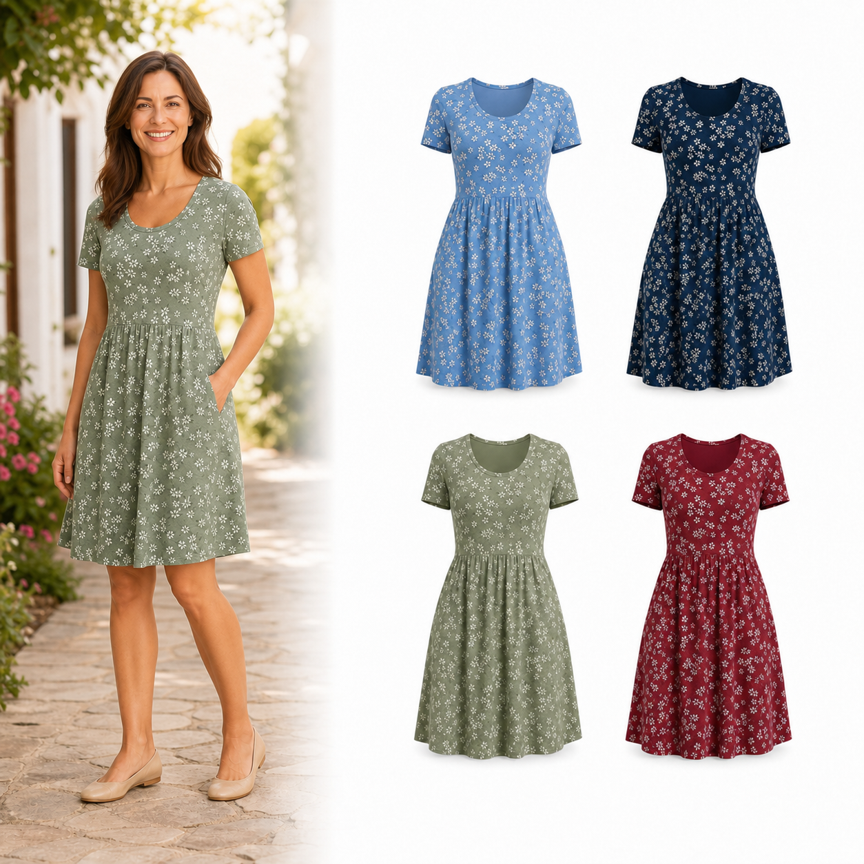 Four color women's floral pocket dress set A