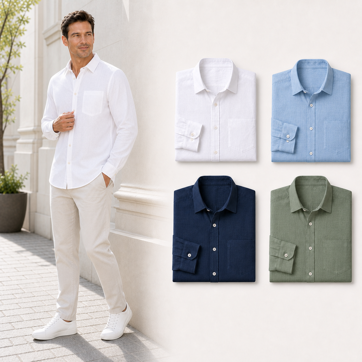 Four color men's textured long-sleeve shirt set A