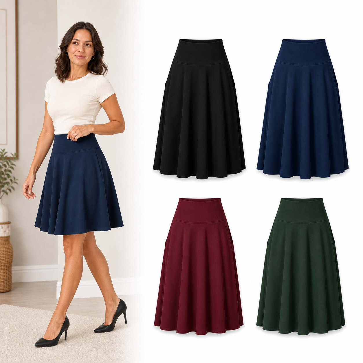Four-color women's high-waist pocket skater skirt set A