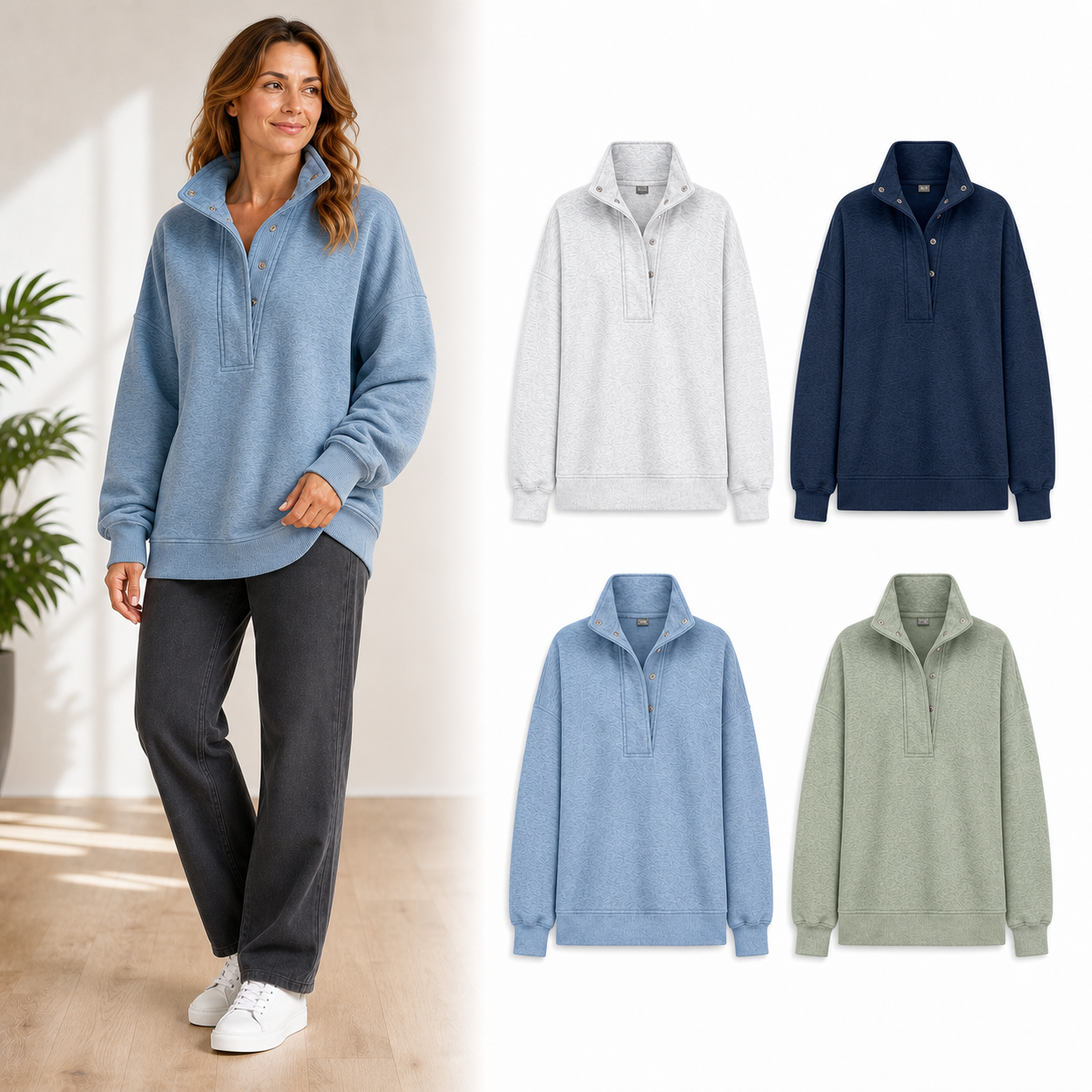 Four-color women's snap-collar pullover set A