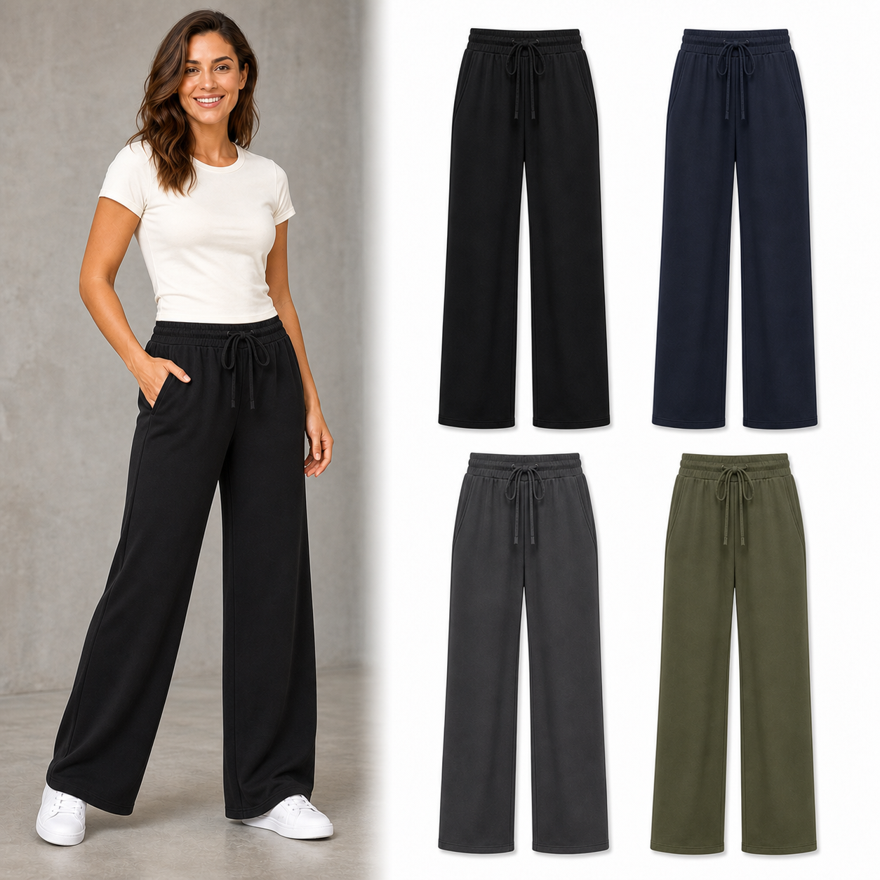 Four color women's drawstring wide-leg pants set A